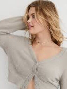 NWT Aerie Fuzzy Eyelash Knit Cropped Cardigan Sweater in Gray L